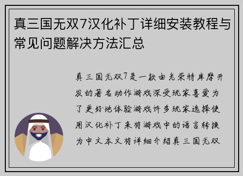 真三国无双7汉化补丁详细安装教程与常见问题解决方法汇总